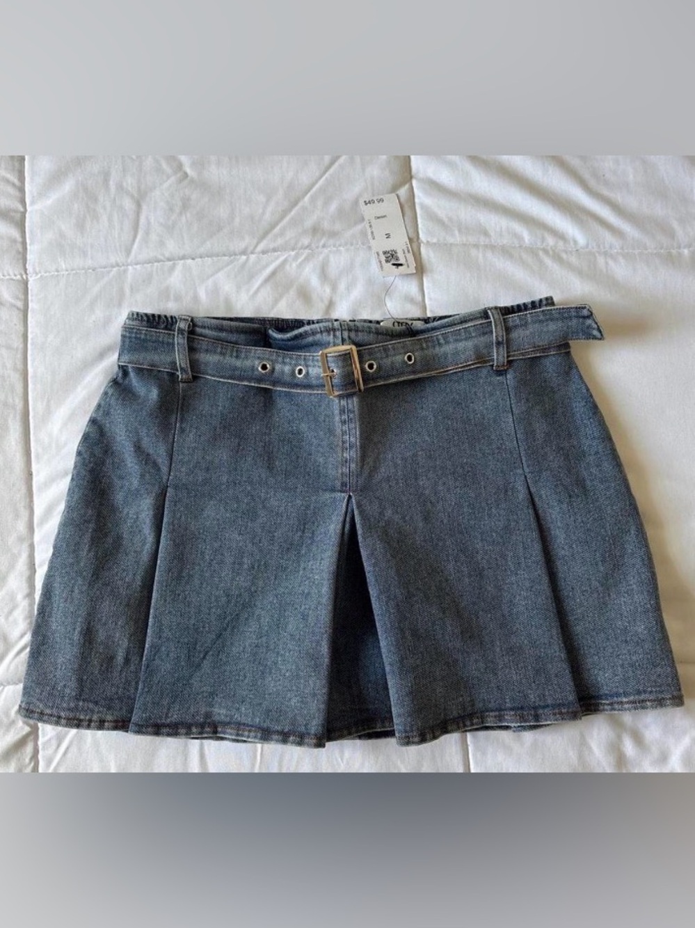 Steps New York Denim Pleated Mini Skirt with Belt